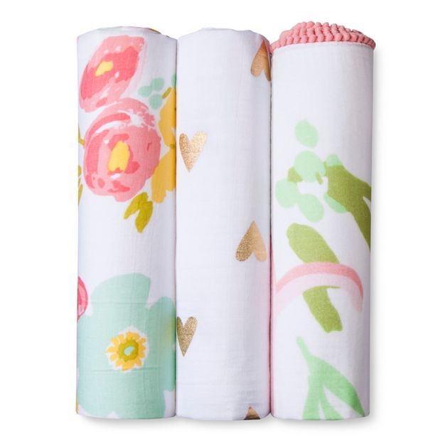 Muslin Swaddle Blankets Floral 3pk - Cloud Island™ Pink | Target