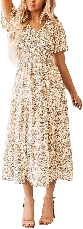 Annebouti 2023 Women's Summer Short Sleeve V Neck Boho Casual Floral/Solid Smocked Tiered Midi Dr... | Amazon (US)