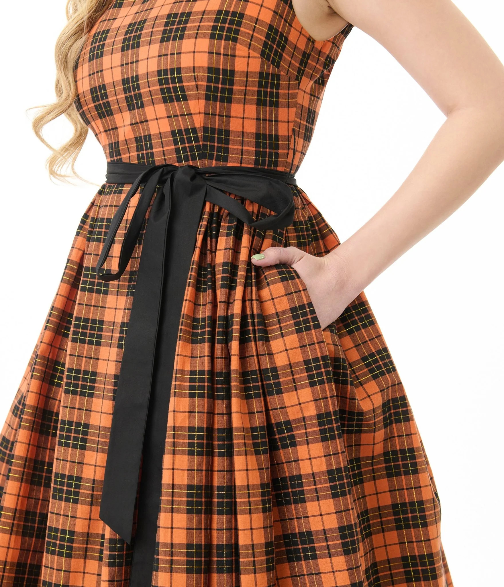 Unique Vintage Orange Plaid Sleeveless Cotton Swing Dress | UniqueVintage