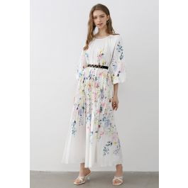 Blossoming Day Watercolor Pleated Maxi Dress in White | Chicwish