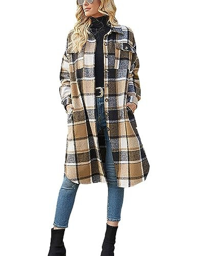 Himosyber Women's Casual Plaid Lapel Woolen Button Up Pocketed Long Shacket Coat (Brown-M) | Amazon (US)