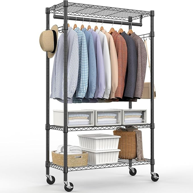 Amazon Basics Adjustable, Double Hanging Rod Garment Rolling Closet Organizer Rack with Wheels, H... | Amazon (US)