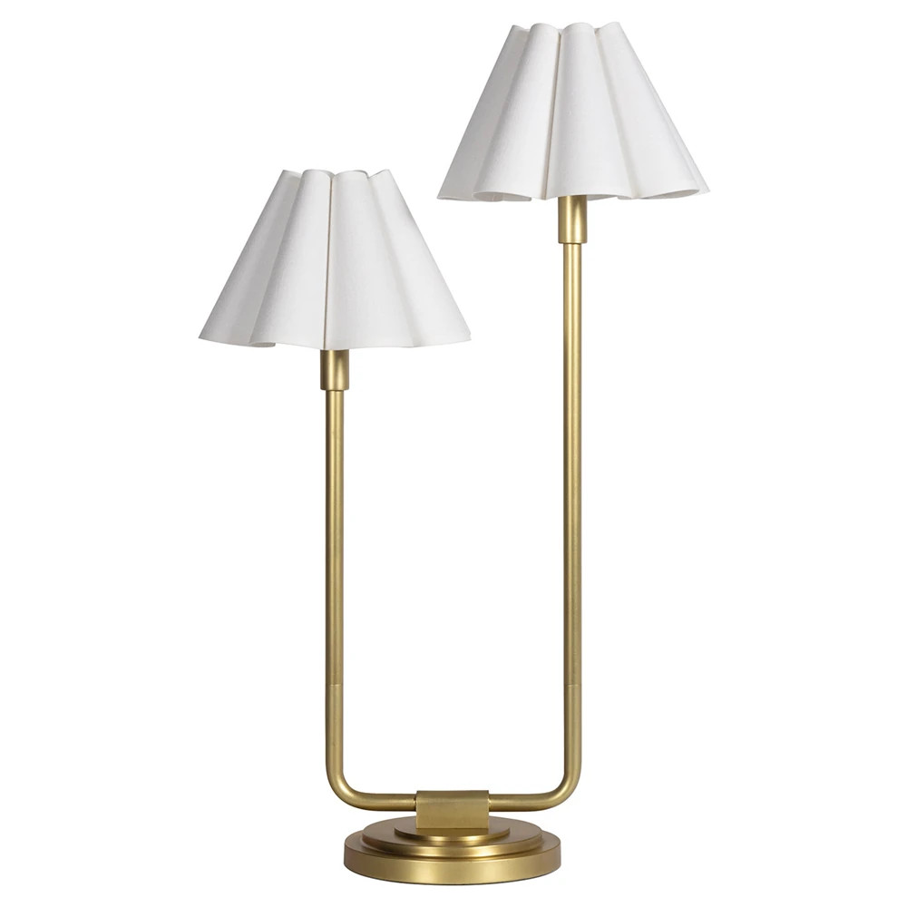 Polly French White Scalloped Linen Shade Natural Brass Double Arm Table Lamp | Kathy Kuo Home