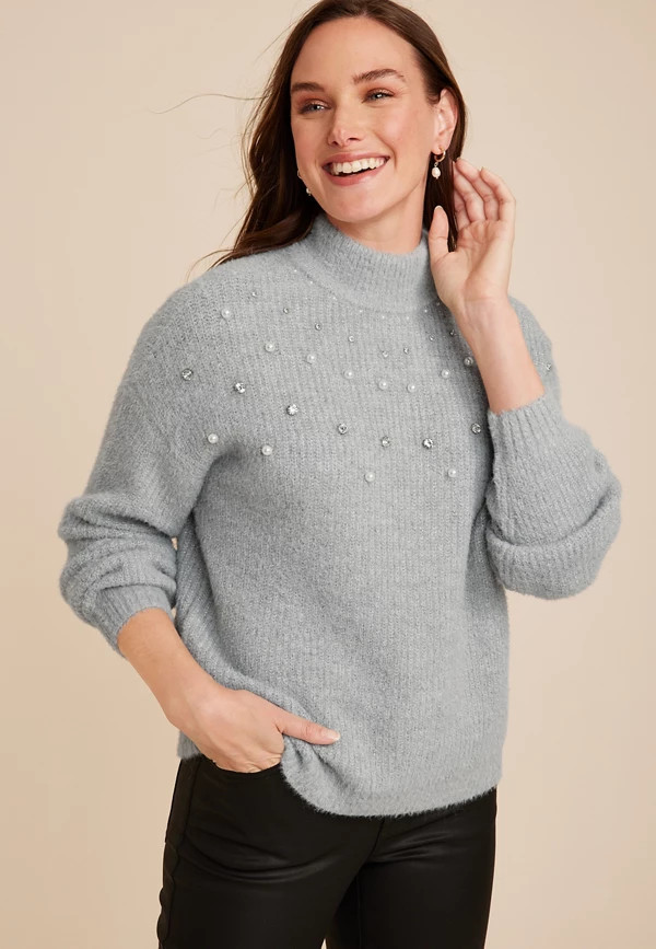 Faux Pearl Embellished Mock Neck Sweater | Maurices