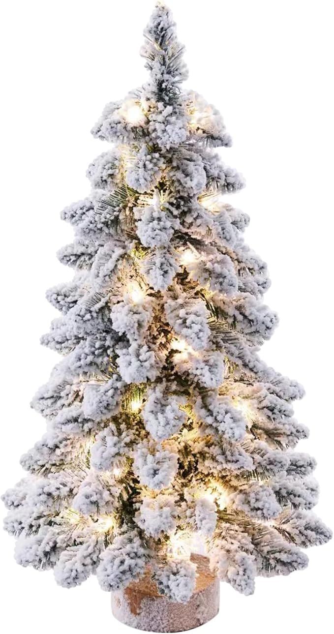Mafudoxi 24 Inch Tabletop Mini Christmas Tree with LED Lights, Mini Desktop Christmas Tree Flocke... | Amazon (US)