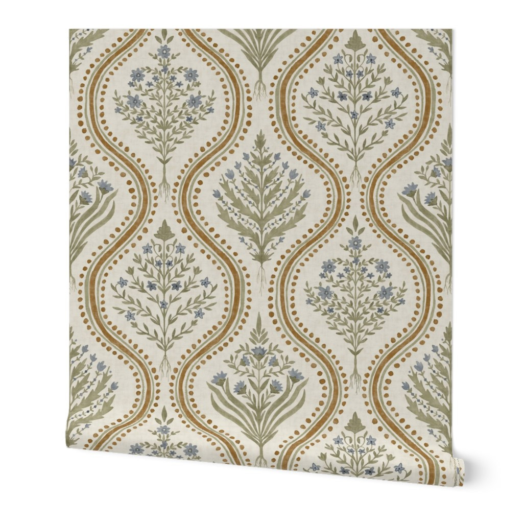 Wallpaper in Large Monticello Dusty Blue Green and Butterscotch on CREAM copy | Spoonflower