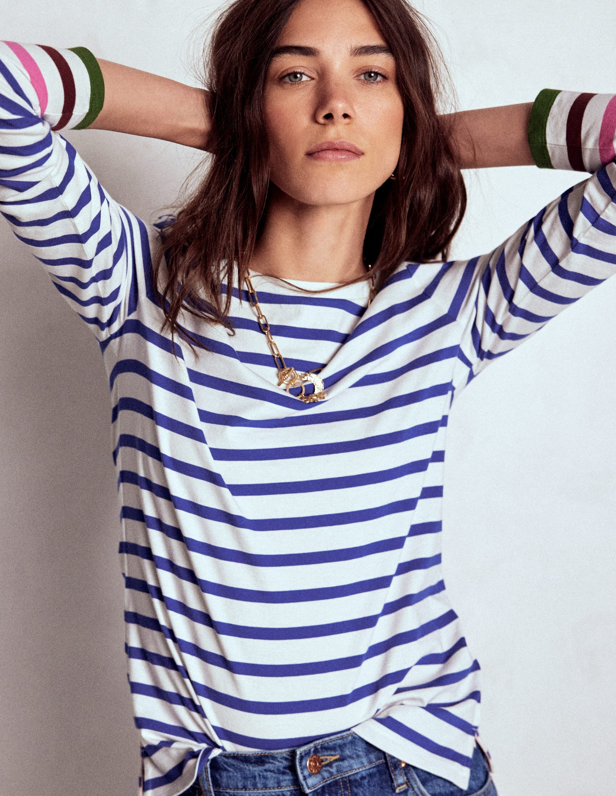 Olivia Long Sleeve Breton-Kingfisher Blue, Multi Cuff Female Boden | Boden UK