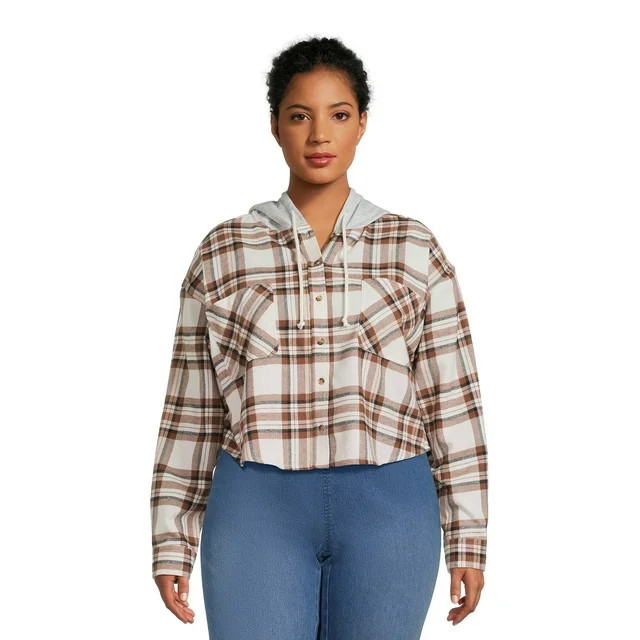 No Boundaries Juniors Plus Size Hooded Plaid Flannel Shirt | Walmart (US)