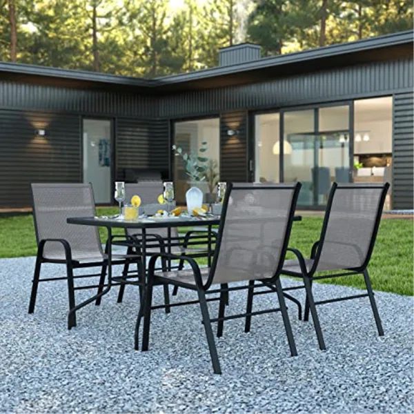 Artu Outdoor Patio Dining Set - 55" Tempered Glass with Umbrella Hole, Flex Comfort Stack Chair | Wayfair North America