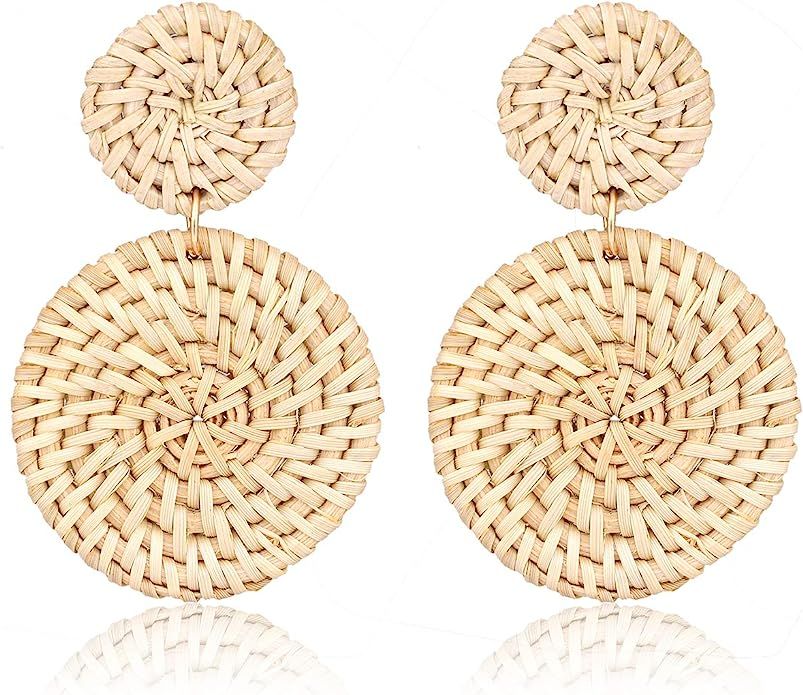 Weave Straw Double Disc Drop Earrings Boho Rattan Dangle Statement Earrings | Amazon (US)