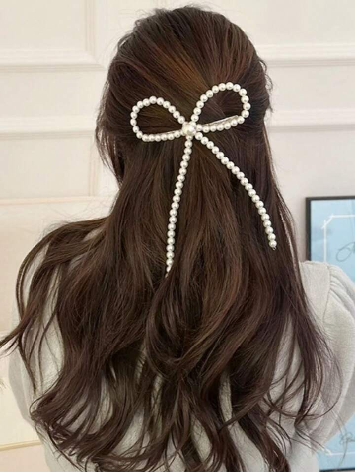 1pc Women White Pearl Butterfly Bowknot Ribbon Spring Clip Fashion Ponytail Holder Hair Accessory... | SHEIN
