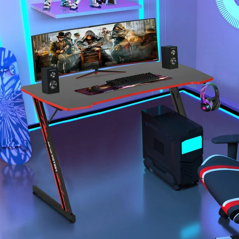 BestOffice Gaming Desk Collection Ergonomic Gaming Z-Shaped Desk with, Headphone Hook, Red | Walmart (US)