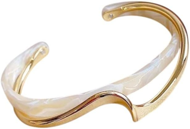 Modern Wave Design Cuff Bracelet, Gold-Tone Acrylic Bangle, 2.5 inch, C-Shaped Opening White/Pink... | Amazon (US)