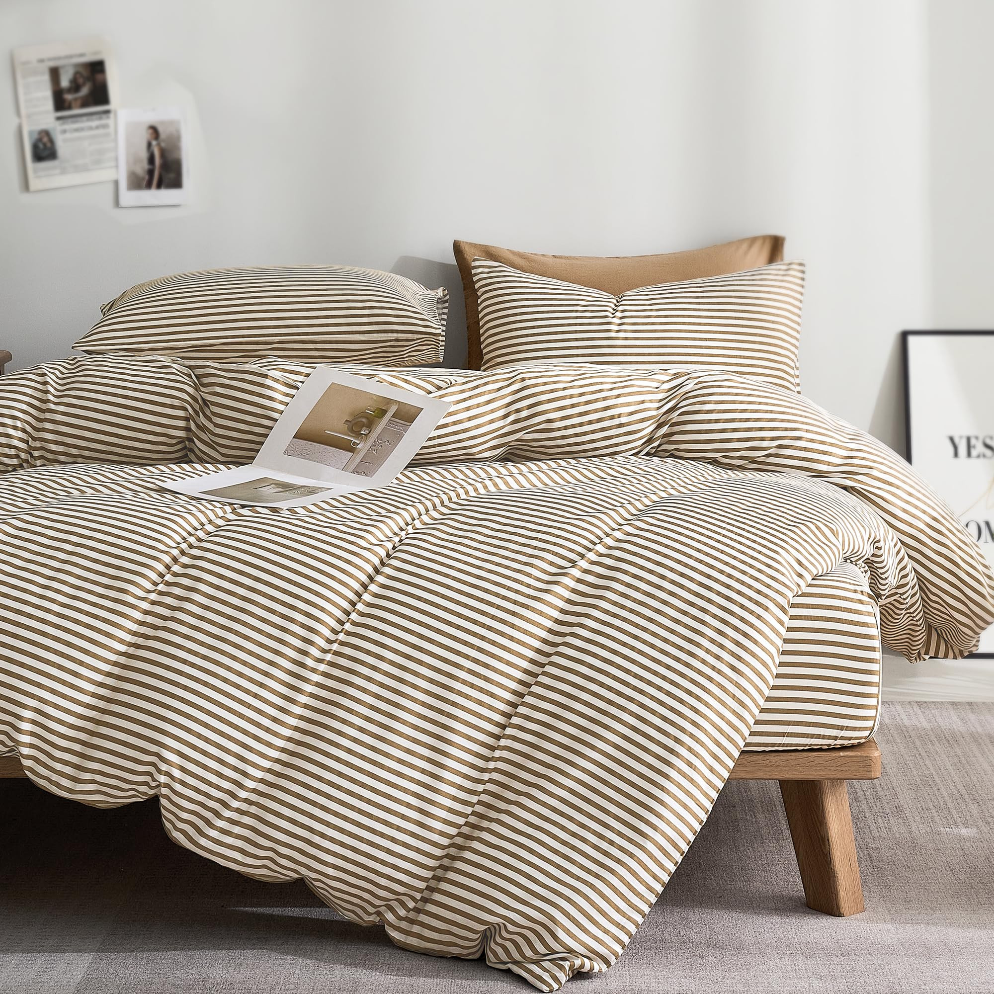 JELLYMONI 100% Natural Cotton 3pcs Striped Duvet Cover Sets,White Duvet Cover with Khaki Stripes ... | Amazon (US)