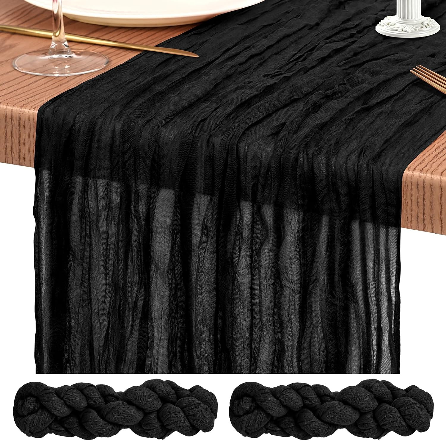 Showgeous 2 Pack Black Cheesecloth Table Runners Boho Wedding Decor | Amazon (US)