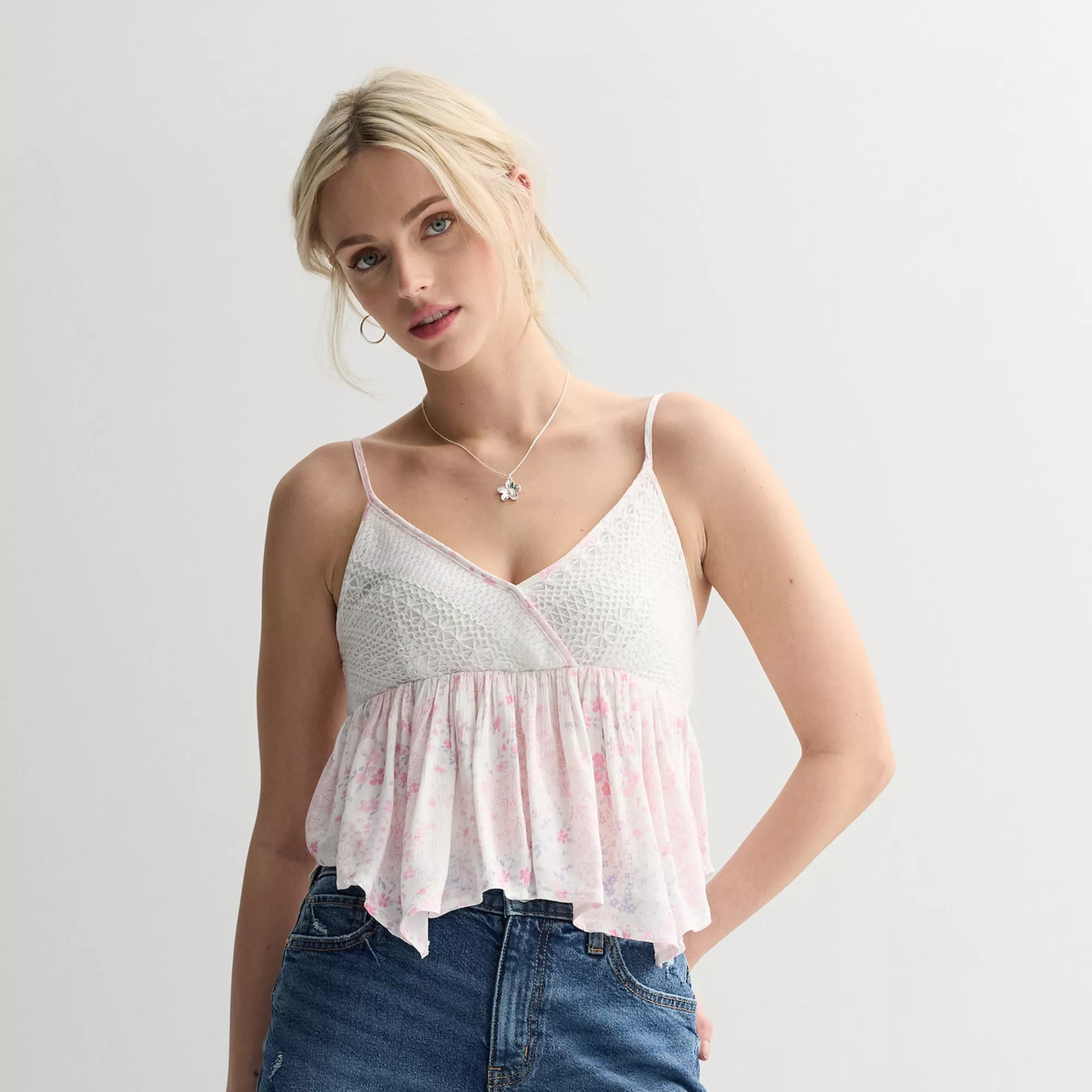 Juniors' madden girl Crochet Lace Surplice Babydoll Handkerchief Hem Cami Top | Kohl's