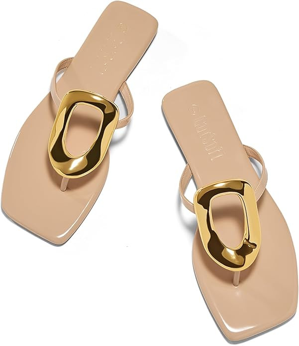 Women's Flat Sandals Summer Square Toe Flip Flops Comfortable Beach Flats Slip on Metal Decoratio... | Amazon (US)