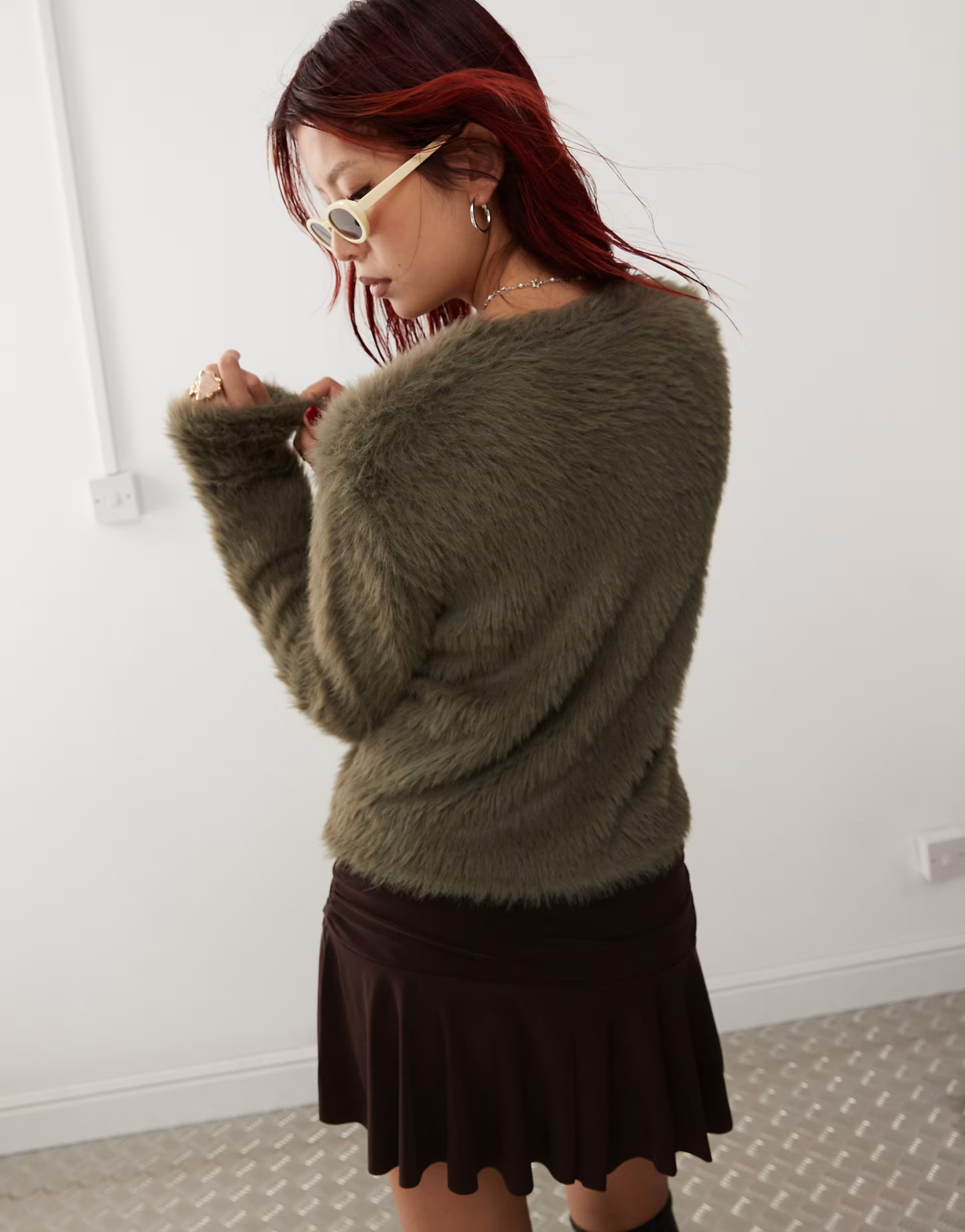 Monki fluffy knitted cardigan in khaki green | ASOS (Global)