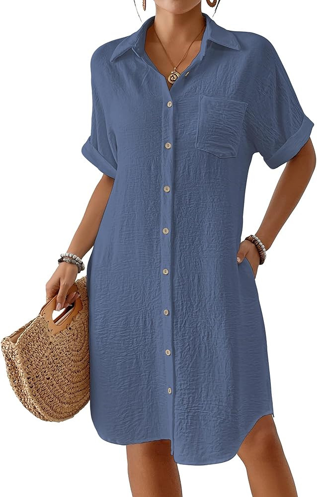 Bsubseach Womens Swimsuit Coverup Long Button Down Bathing Suit Cover Ups Short Sleeve Summer Bea... | Amazon (US)