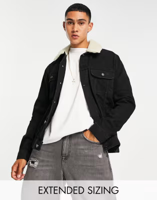 ASOS DESIGN denim jacket with detachable fleece collar in black | ASOS (Global)