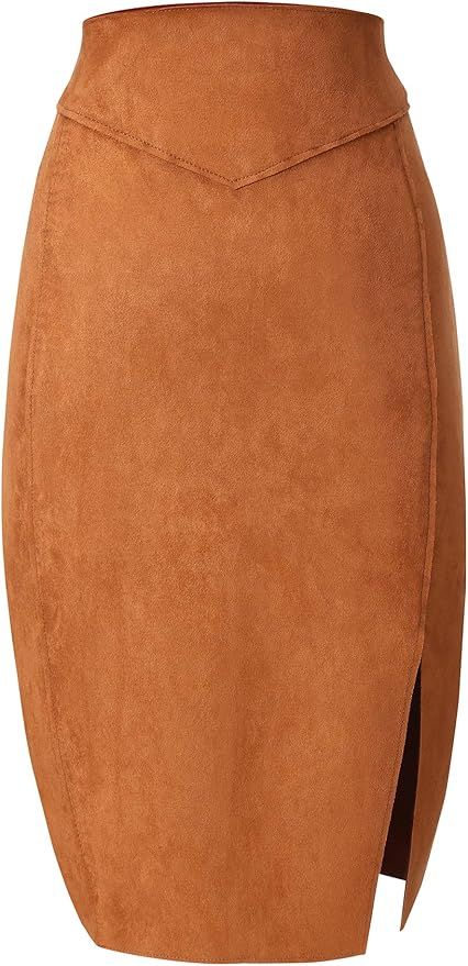 Bellivera Women's Faux Suede Pencil Skirt Hip Wrapped Back Split for Spring Summer and Autumn | Amazon (US)