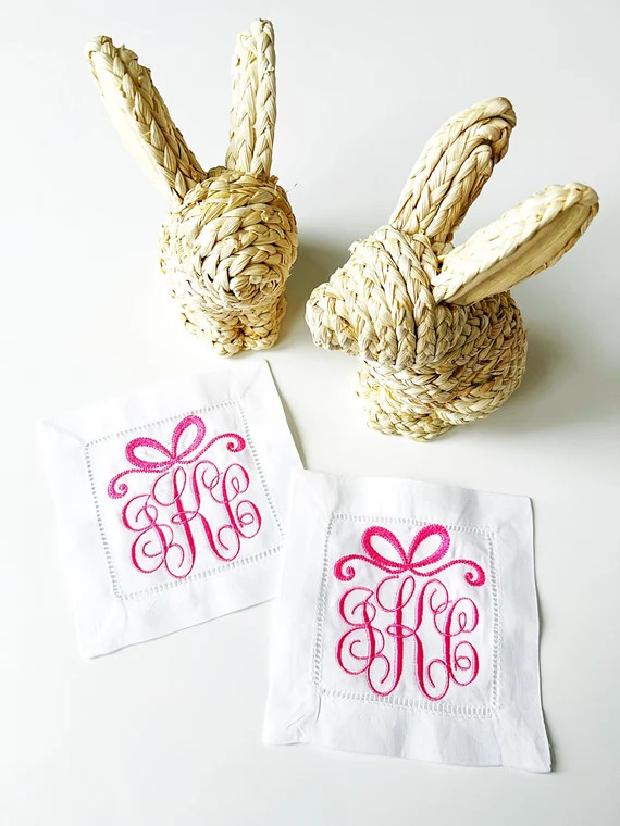Monogram With Bow Embroidered Cocktail Napkins Hemstitched | Etsy | Etsy (US)