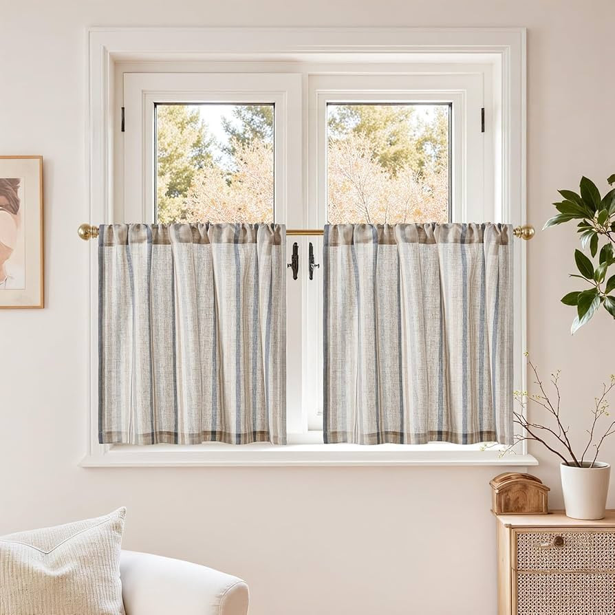 jinchan Colorful Striped Linen Kitchen Curtains Pinstripe Tier Curtains Rustic Cafe for Living Ro... | Amazon (US)