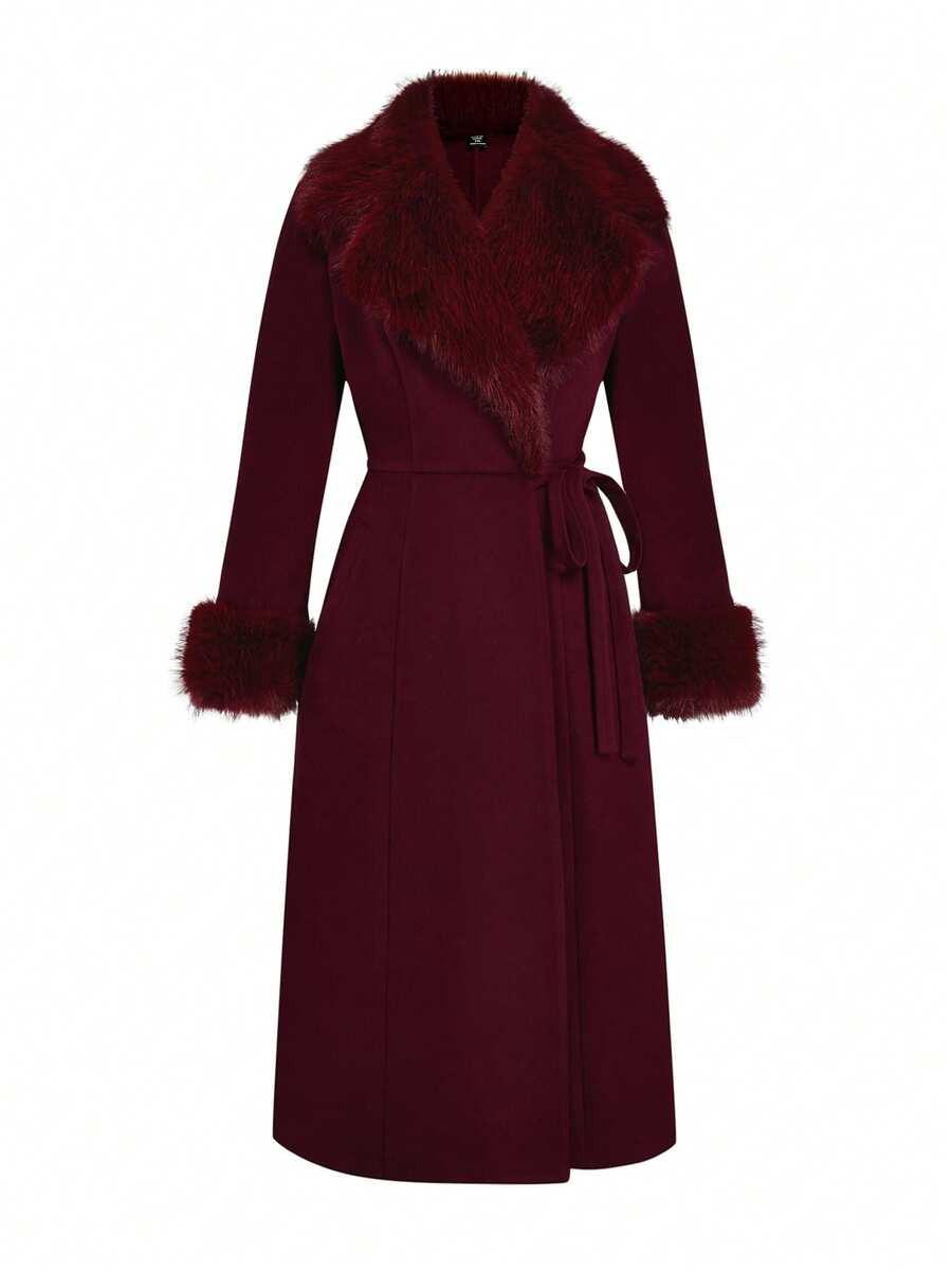 Sweetra Plus-size dames vintage stijl effen kleur patchwork imitatiebont wikkel stropdas wollen j... | SHEIN