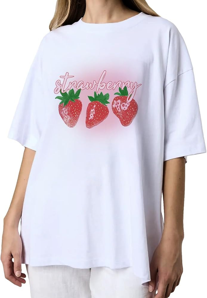 Women Y2K Oversize Summer Fruit Graphic Print White Tee Shirt Short Sleeve Crew Neck Cotton Aesth... | Amazon (US)