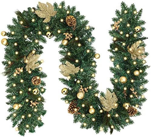 JPSOR 9ft Christmas Garland with LED Lights, Battery Operated Gold Christmas Garland for Christma... | Amazon (US)