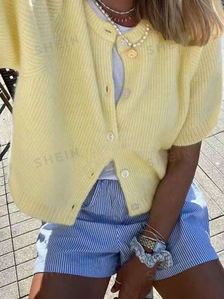 SHEIN EZwear Solid Button Front Cardigan | SHEIN