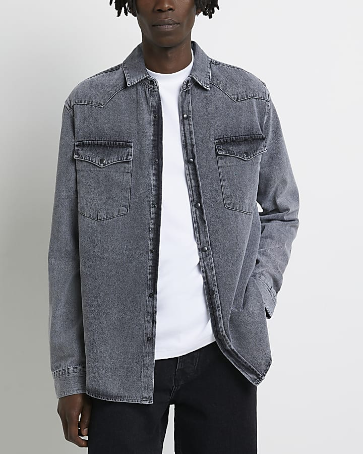 Grey regular fit washed denim shirt | River Island (UK & IE)