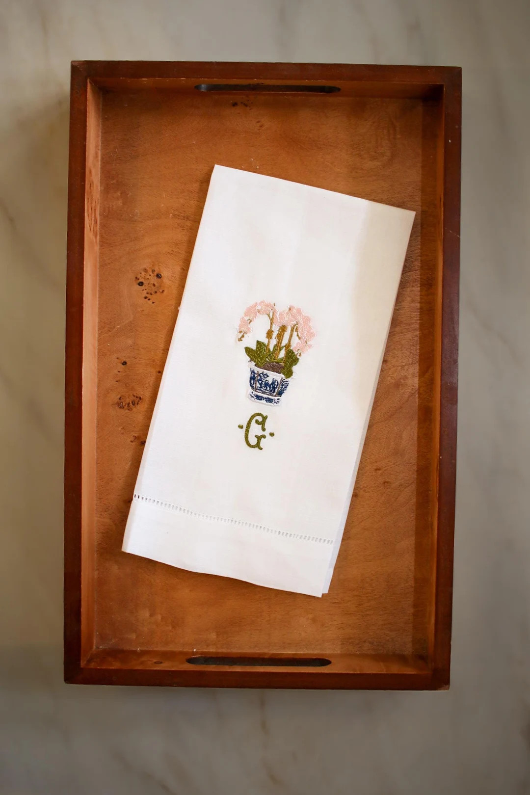 Embroidered Orchid Chinoiserie Linen Hand Towel | Custom Monogrammed Tea Towel | Hostess Gifts | ... | Etsy (US)