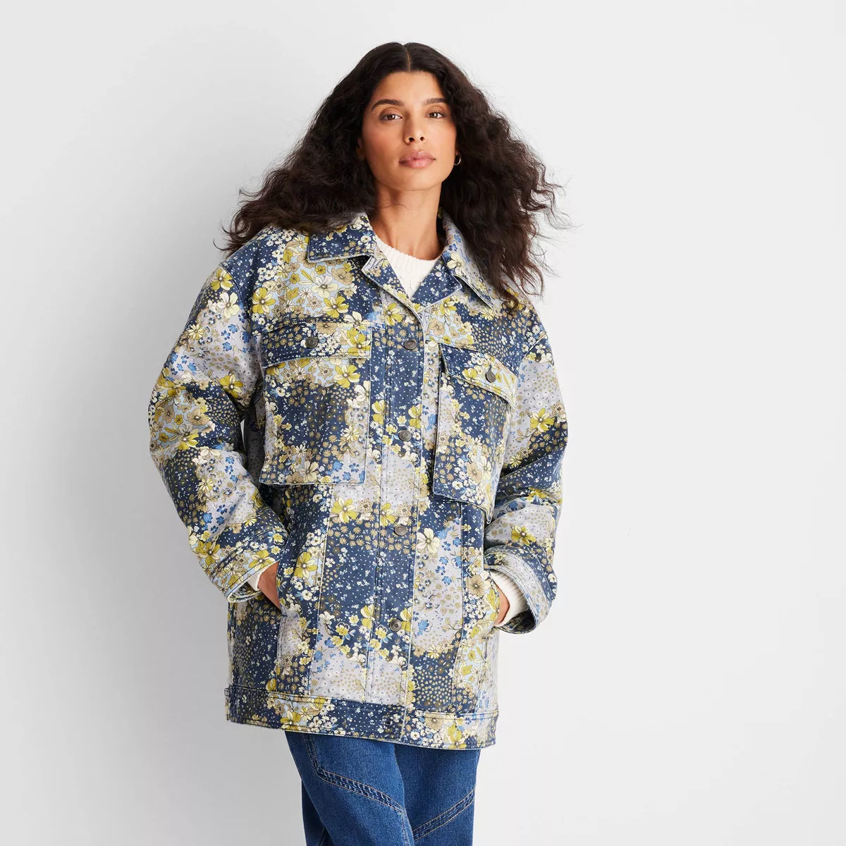 Women's Denim Floral Print Faux Shearling Jacket - Future Collective™ with Reese Blutstein Blue... | Target