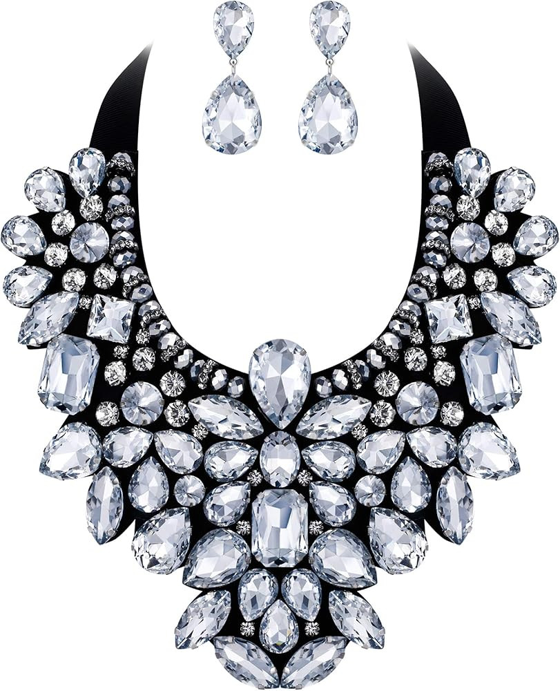 Flyonce Costume Jewelry for Women, 9 Colors Rhinestone Crystal Statement Necklace Earrings Set | Amazon (US)