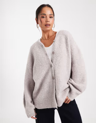 ASOS DESIGN oversized high v neck boyfriend cardigan in boucle in mushroom | ASOS (Global)