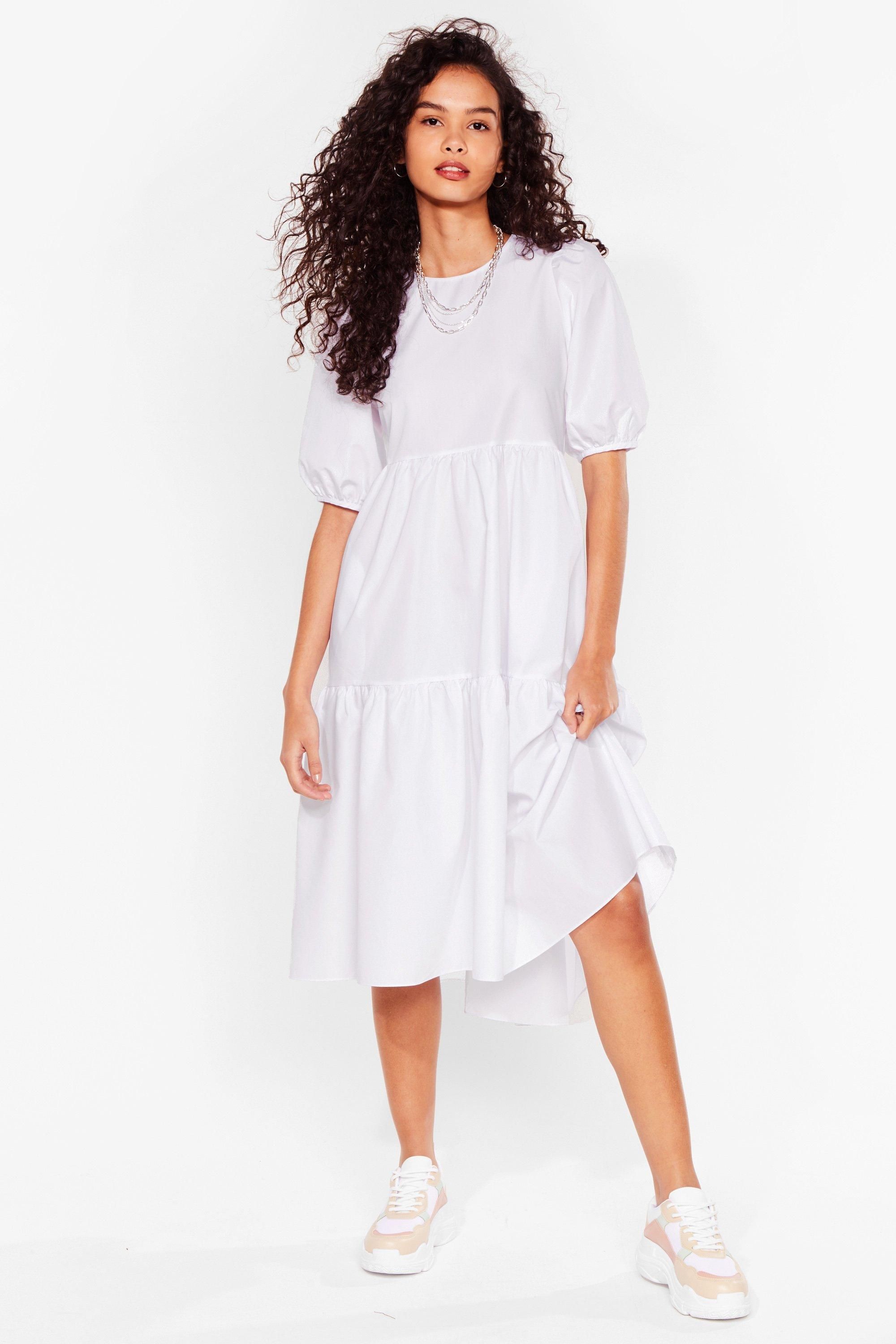 Puff Sleeve Crew Neck Tiered Midi Dress | Nasty Gal (US)