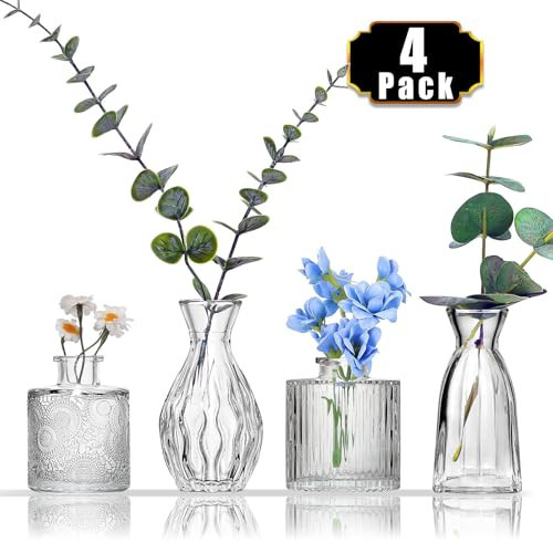 Arme 4 Pcs Bud Vases，Small Flower Vases Glass Vases for Flowers Mini Vases Glass Bud Vases Set for Centerpieces,Small Glass Vases Vintage Little Vases for Home Wedding Decor | Amazon (US)