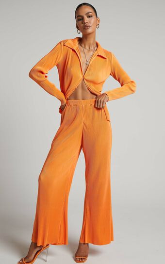 Amarante Pants - High Waisted Plisse Wide Leg Pants in Orange | Showpo (US, UK & Europe)