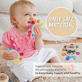 Baby Teething Toys, Silicone Chewable Toys with Organic Wooden Ring for Infants 3+ Months, Silico... | Amazon (US)