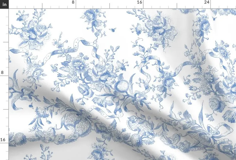 Blue Fabric Blueberry Toile by Lilyoake Toile Fruit Roses Bee Blueberry Rococo French Country Fab... | Etsy (US)
