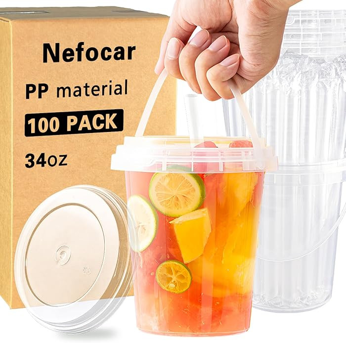 100 Pack 34oz Disposable Plastic Cups with Lids and Straws, Iced Coffee Cups with Lids, Sturdy & ... | Amazon (US)