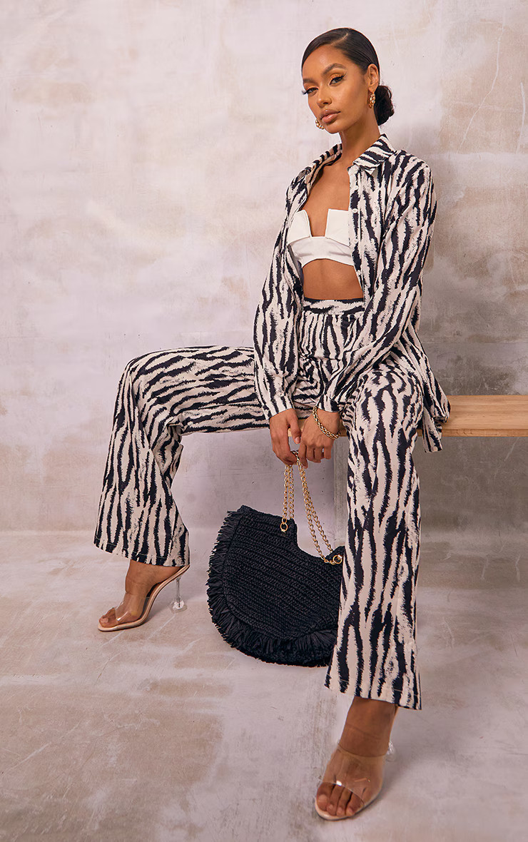 Black Zebra Print Wide Leg Trousers | PrettyLittleThing UK