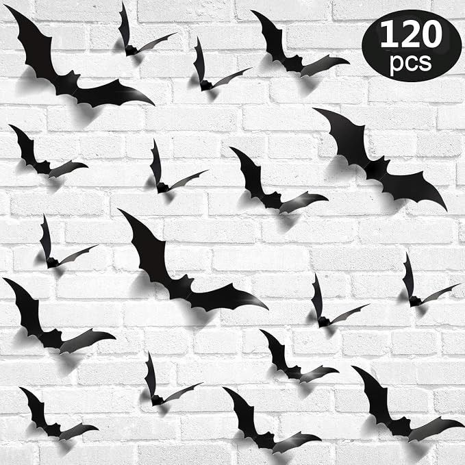 120PCS/4SIZE 3D Bats Sticker DIY Halloween Party Supplies reusable Decorative Scary Wall Decal fo... | Amazon (US)
