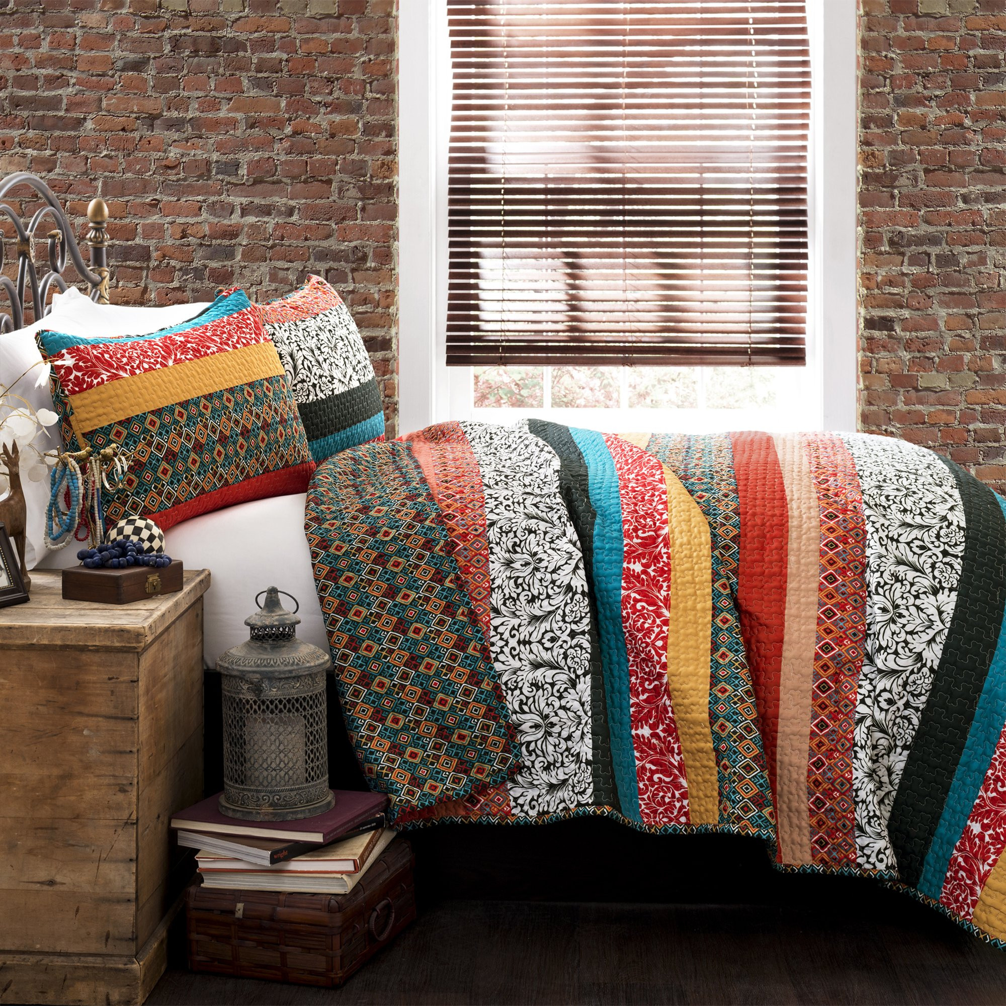 Lush Decor Boho Stripe Quilt Reversible 3 Piece Bohemian Design Bedding Set - King - Turquoise an... | Amazon (US)