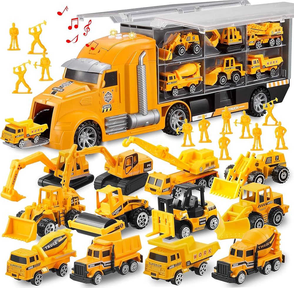 JOYIN 25 in 1 Die-cast Construction Play Vehicle Set, Vehicles with Sounds and Lights in Carrier ... | Amazon (US)