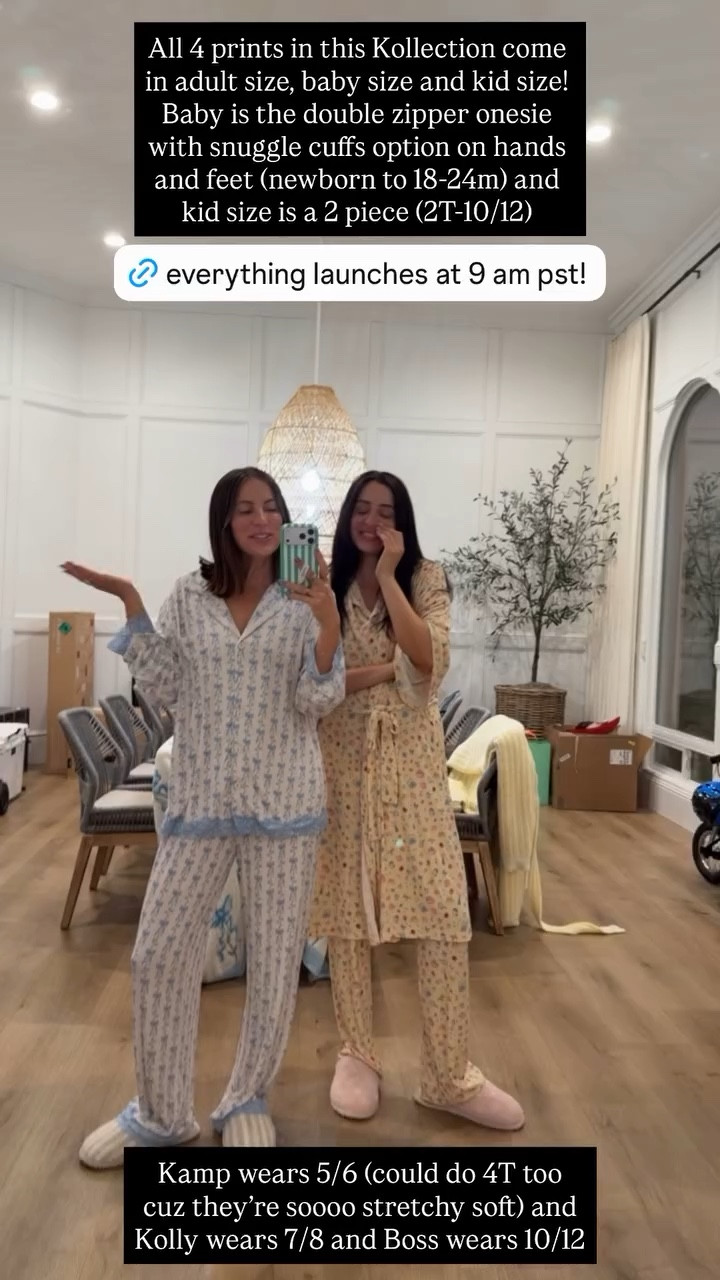 All 4 prints in this Kollection come in adult size, baby size and kid size! Baby is the double zipper onesie with snuggle cuffs option on hands and feet (newborn to 18-24m) and kid size is a 2 piece (2T-10/12) Kamp wears 5/6 (could do 4T too cuz they’re soooo stretchy soft) and Kolly wears 7/8 and Boss wears 10/12