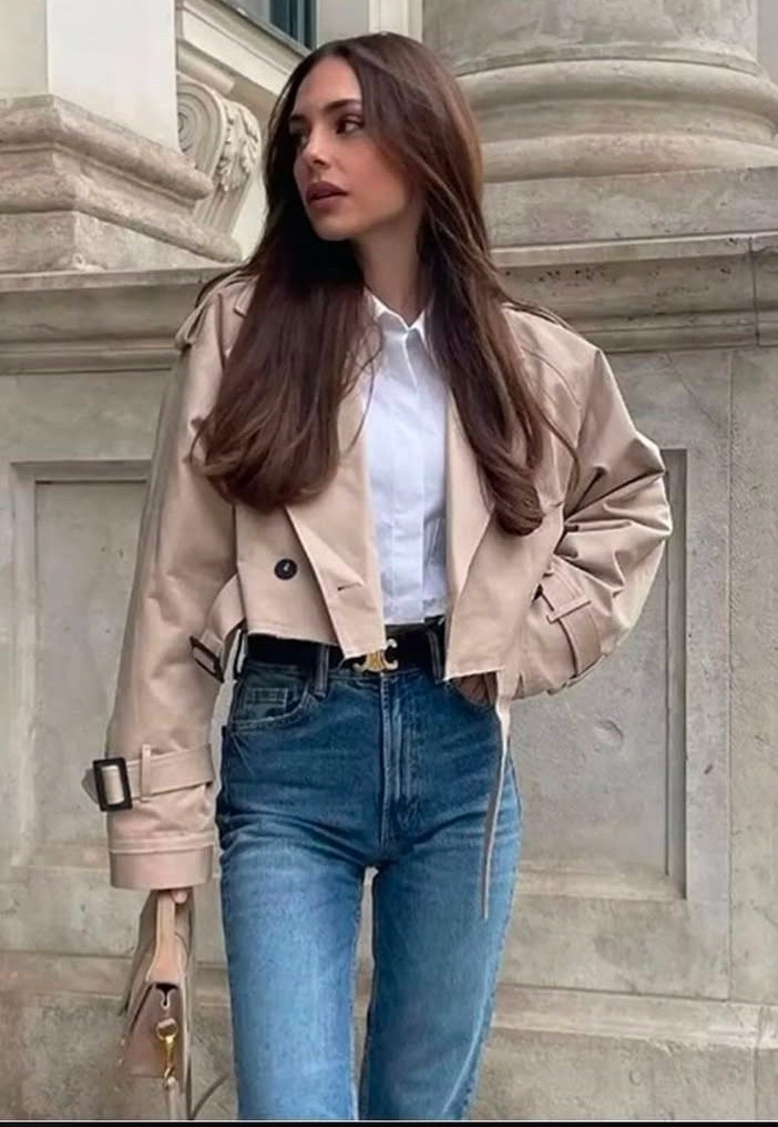 Cropped trench coat 
White T button down shirt
Black Celine belt 
Beige top handle bag 

#LTKSaleAlert #LTKPetite #LTKStyleTip