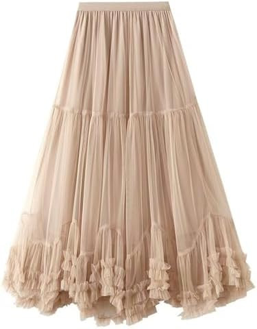 COZYPOIN Maxi Tulle Skirts for Women Elastic High Waisted A Line Long Layered Tutu Mesh Ruffles T... | Amazon (US)