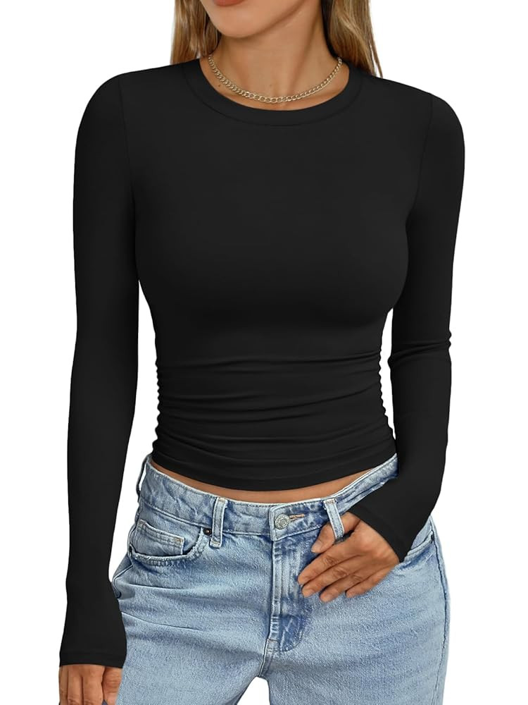 Trendy Queen Womens Long Sleeve Shirts Crop Tops Fall Fashion 2025 Going Out Basic Winter Clothes | Amazon (US)